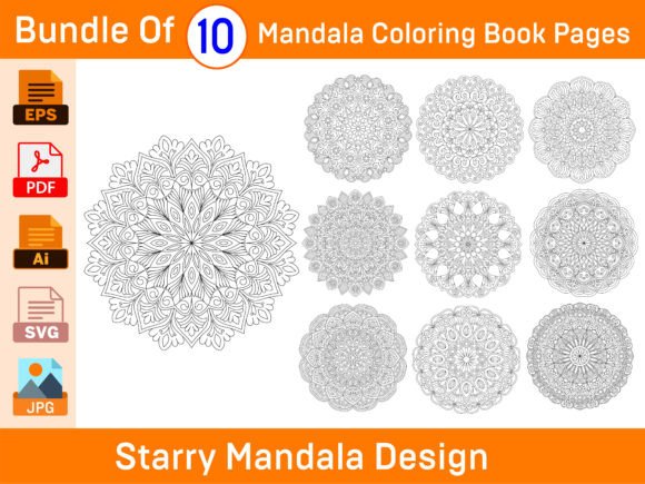 Bundle of 10 Peaceful Mandala Design: Graphics and Coloring Pages Amp